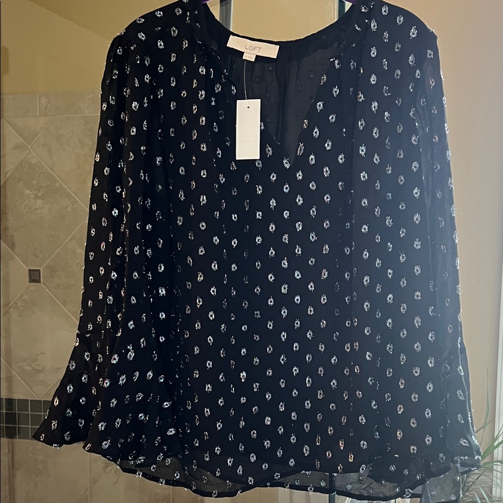 LOFT Black and iridescent silver Patterned Blouse